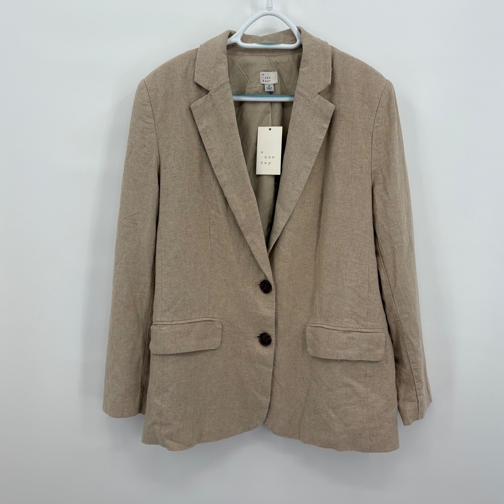 A New Day Womens Linen Blend Blazer Tan Beige Two Button Jacket M NWT F16826606